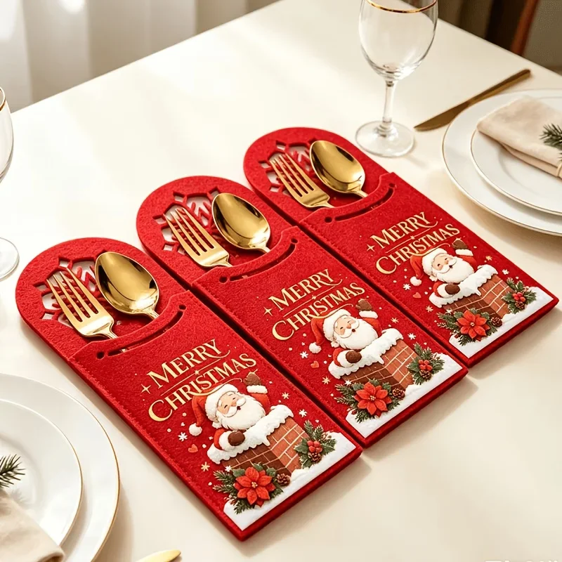 12pcs Christmas Red Tableware Bags, Felt Santa Claus Printed Fork Covers, Christmas Cut-Out Snowflake Decorated Tableware Set