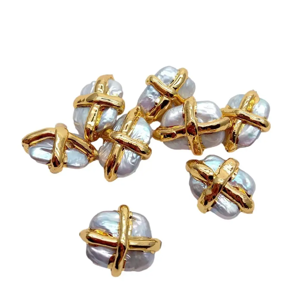 10 Pcs 19x28mm Cultured White Pearl Rectangle Shape Connector Beads Gold Plated Cross For Jewelry Making DIY