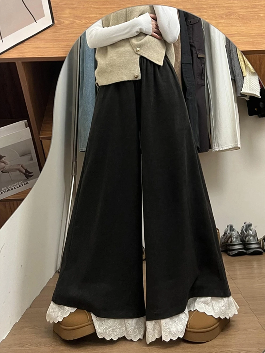 Spring 2026 New Sle Women's Loose Wide Leg Pants with Lace Trim Elastic Waist Casual Faionable Trousers for Ladies
