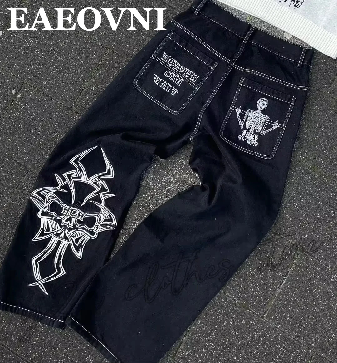 Mens Y2K Baggy Denim Pants Retro Skull Embroidery Hip Hop Washed Loose Wide Leg Straight Casual Streetwear Trousers for Hangouts