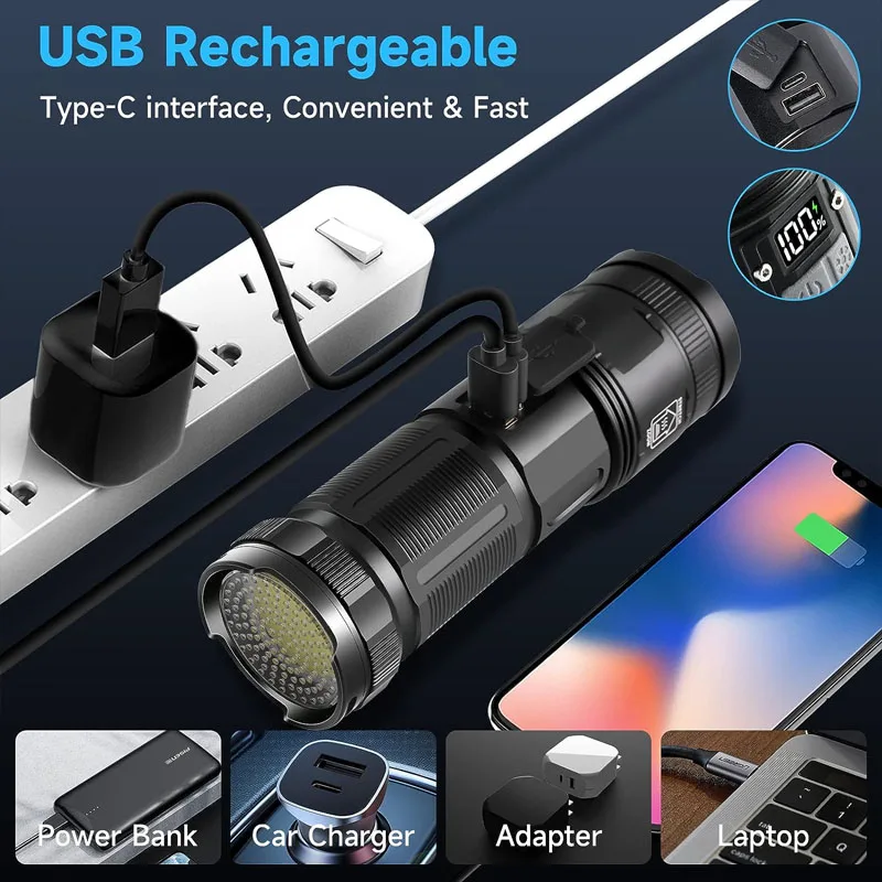 60W Laser Flashlight LED Rechargeable Super Bright Flashlight with COB Work Light Powerful Handheld Tactical Flashlight