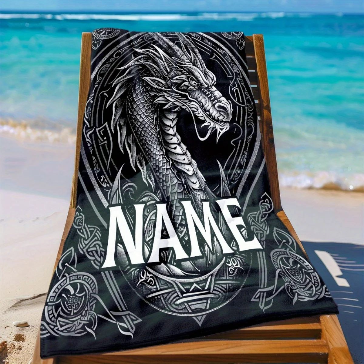Custom Dragon Beach Towel Personalized Name Viking Microfiber Bath Towels Soft Quick Dry Swimming Pool Lounger All Season Use