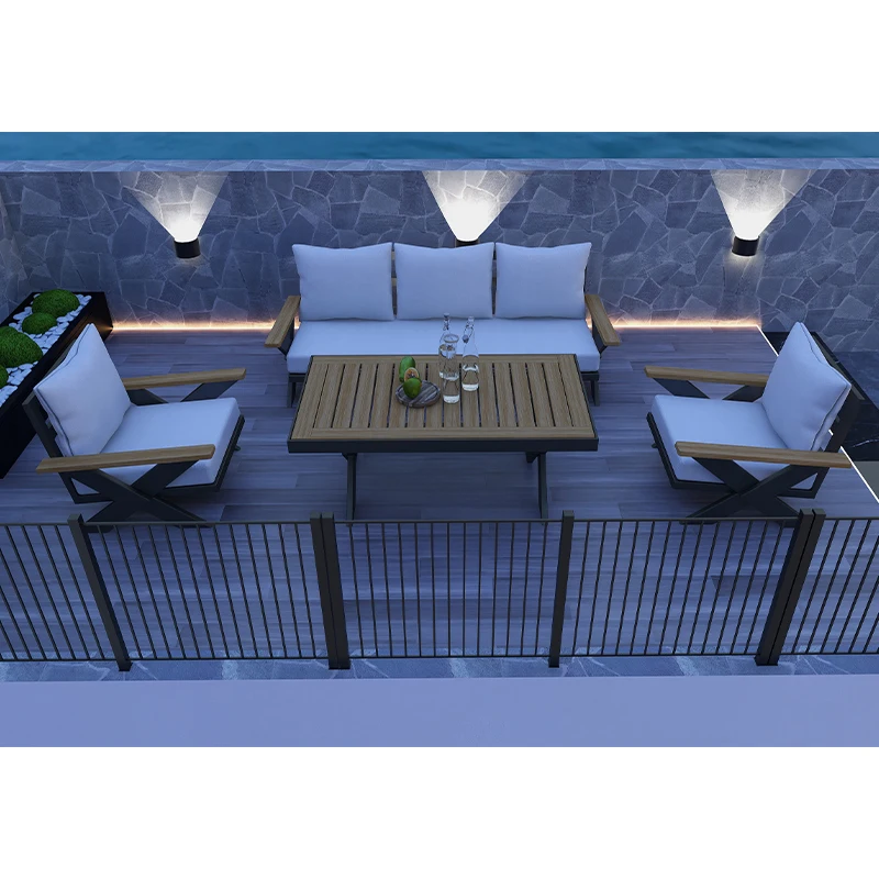 High-end Modern Aluminum Tube Garden Furniture Set 4-Piece Sectional Metal Patio Couch Wide Handrail Hotel Villa Applications
