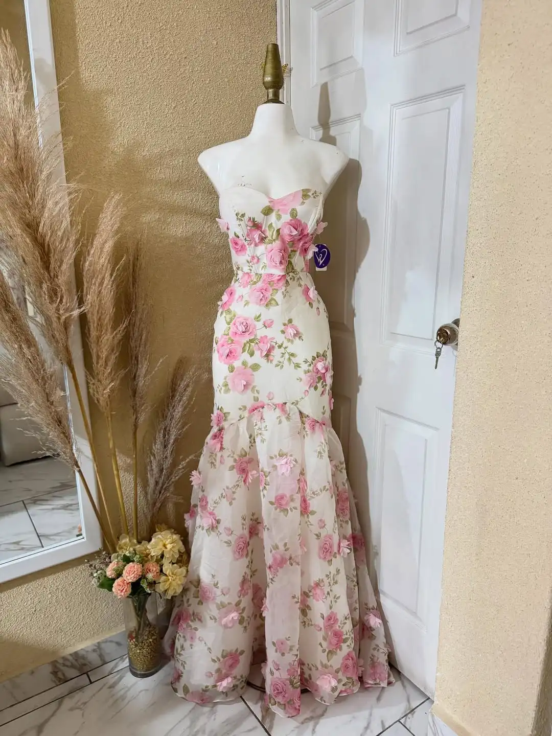 

New Design Sexy Strapless Flower Print Appliques Ruffles Lace Up Fishbone Fairy Princess Mermaid Evening Prom Formal Party Dress