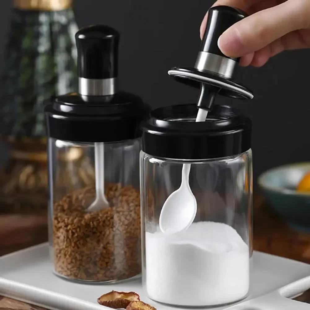 Salt Dispenser Leak-proof Glass Seasoning Bottles with Spoon Cover for Kitchen Storage Set