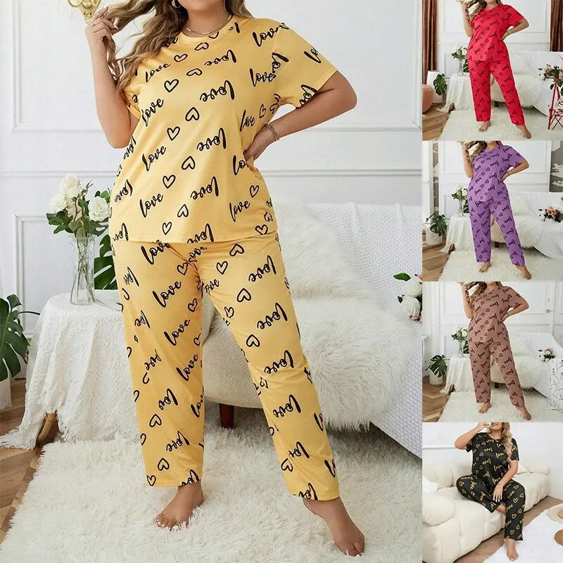 

2Pcs European and American Style Plus Size Home Clothes, Plus Fat Heart Round Neck Short Sleeved Pants, Women's Sleepwear Set