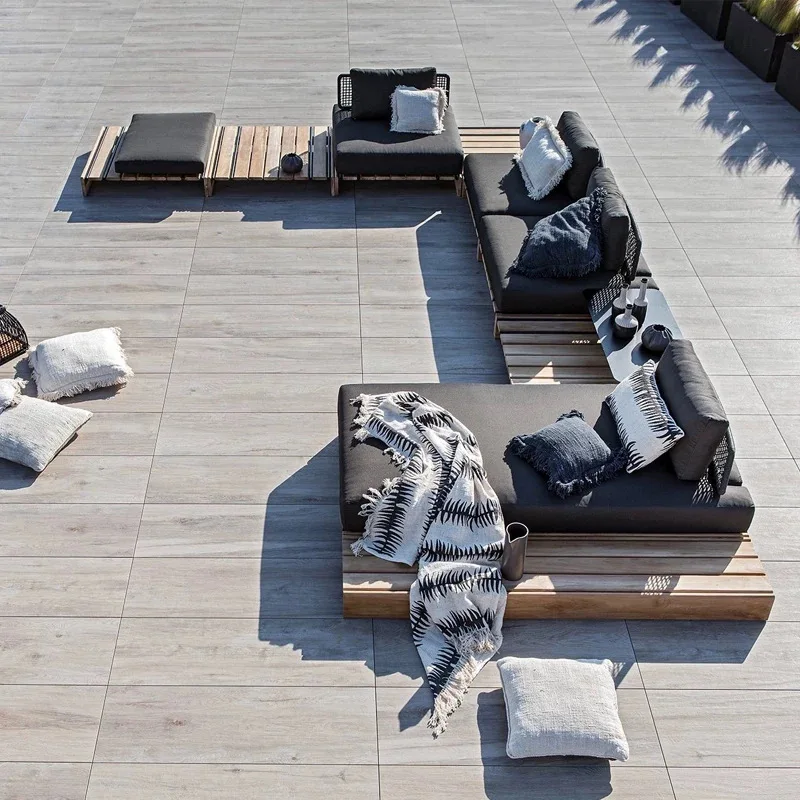 Outdoor sofa courtyard rattan villa solid wood furniture B & B hotel model room terrace leisure garden rain protection