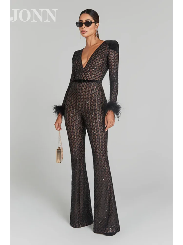 

JONN Sexy V Neck Long Sleeve Feathers Lace Jumpsuit Women Black Sequins With Belt Flare Elegant Evening Party Jumpsuit