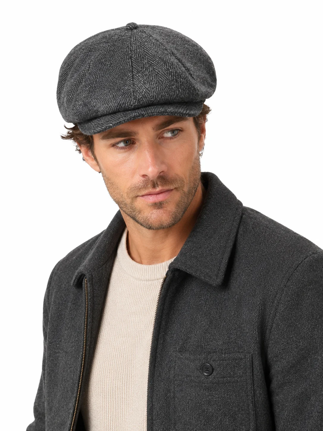 Mens Eight Panel Newsboy Hat Herringbone Wool Blend Flat Cap Vintage British Baker Boy Style Autumn Winter Warm Casual Outdoor