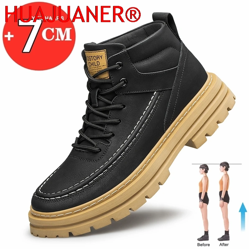 Big Size Men Boots Elevator Shoes High Quality Leather Ankle Boots Hidden Heels Heightening Shoes Man 7CM Masculino Taller Shoes