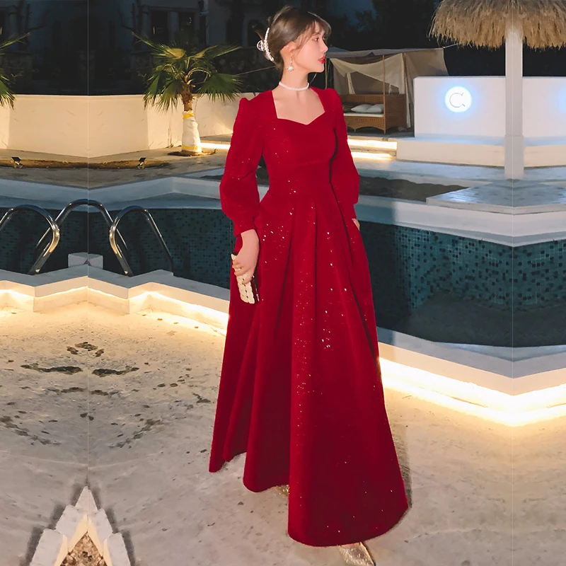 Gaun Malam Wanita Gaun Pesta Prom Sederhana Payet Merah Kerah Persegi Elegan Lengan Panjang Vestidos Formal A-line Panjang