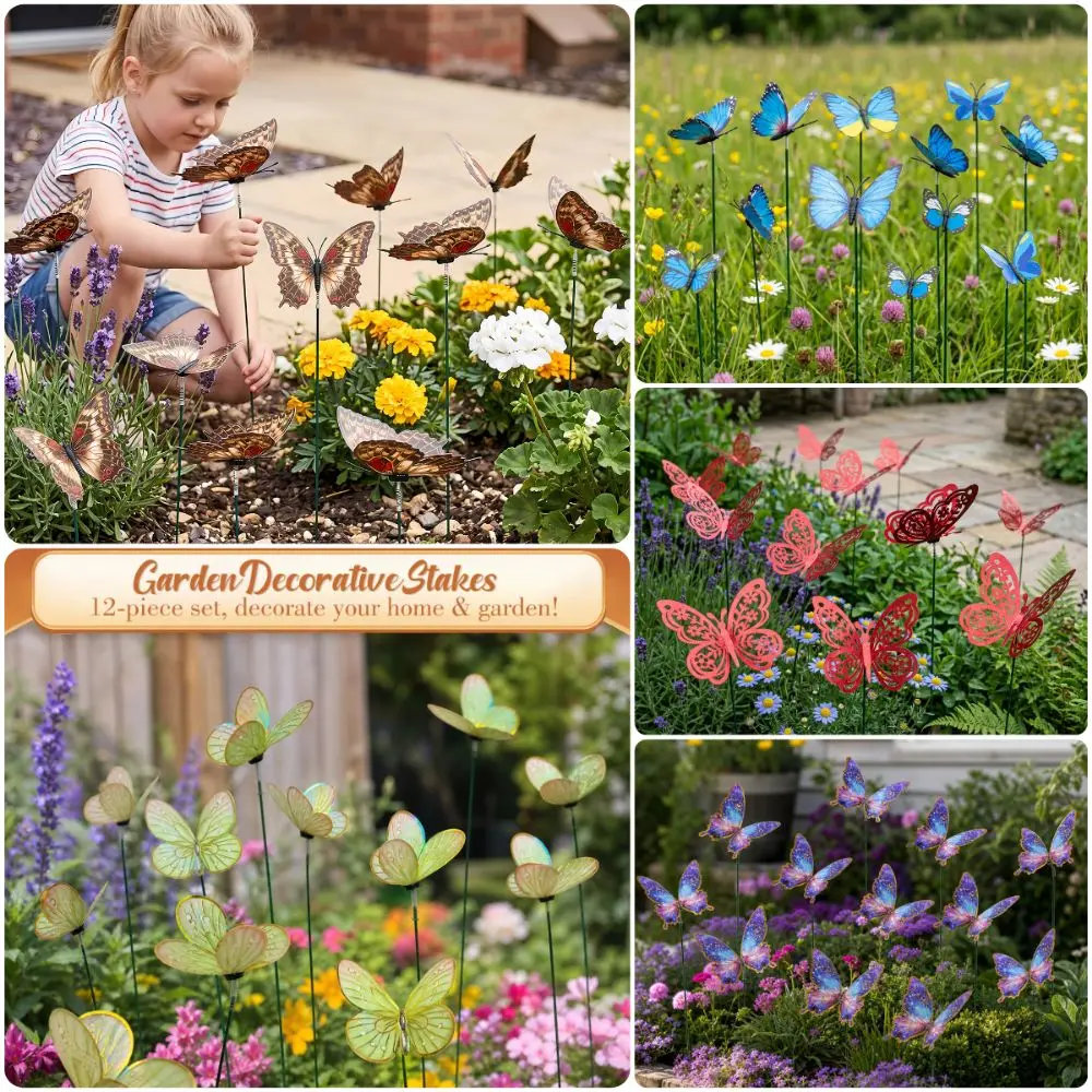 12PCS Multicolor Butterfly Garden Stakes 3D Butterfly Bonsai Ornament Garden Ornaments Photo Props Decoration Stakes