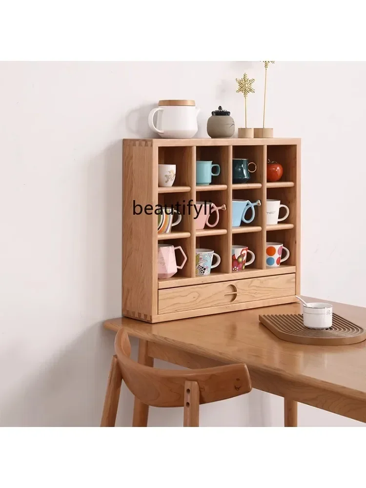 

S Cherrywood Cup Holder Solid Wood Plaid Cup Display Grid Storage Shelf Nordic Desktop Curio Box