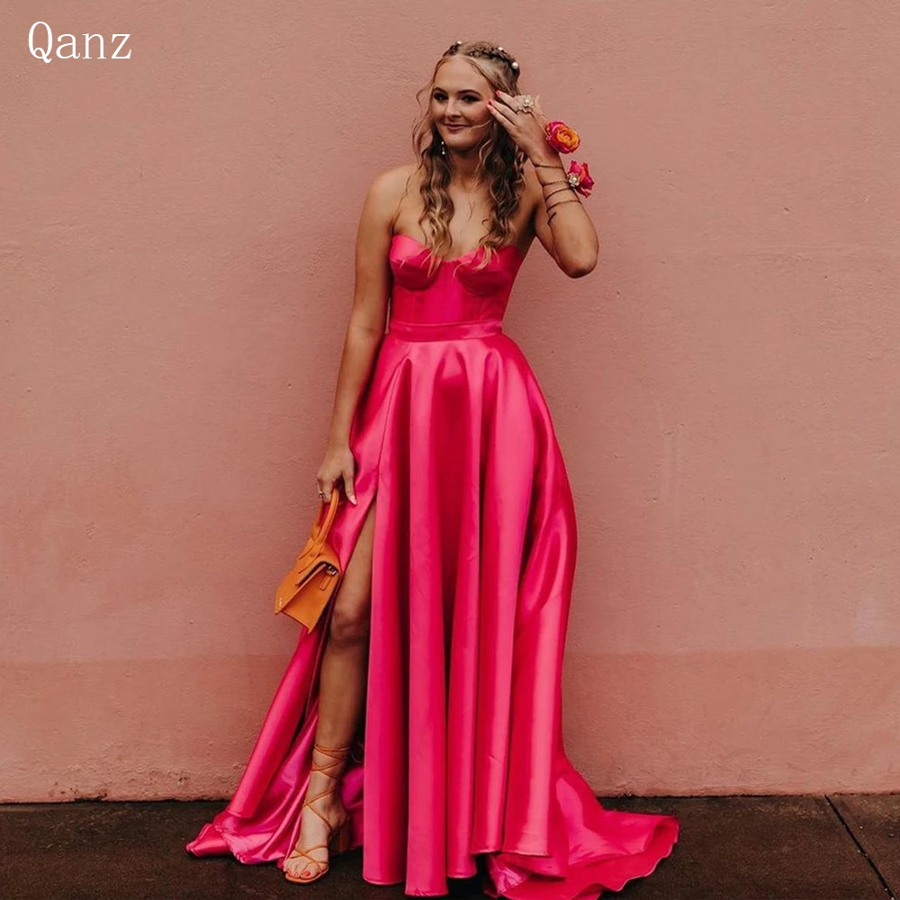 

Qanz A-line Prom Dress Dubai Party Gowns Sweetheart Arabic Evening Dress Belt Slit Vestidos De Noche Elegantes Para Mujer 2023