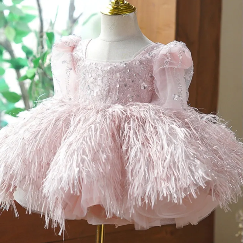 

Child Vestido Party Birthday Baby Clothes 12M-14Y Fashion Baby Girl Princess Sequin Feather Dress Puffy Sleeve Infant Toddler