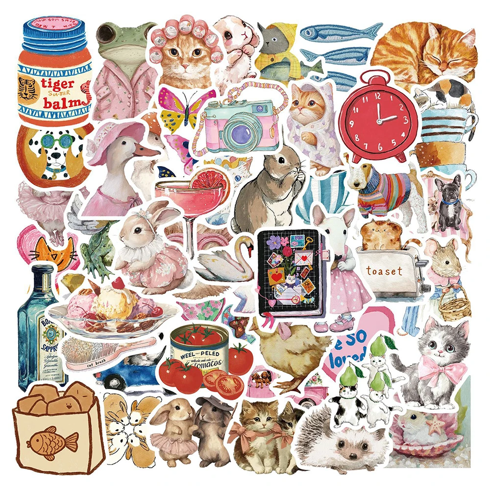 10/30/50 Stück Vintage Aquarell Märchenhafte Tier-Aufkleber Niedliche Hasen- und Katzen-Cartoon-Aufkleber DIY Wasserflaschen-Koffer-Handy-Aufkleber