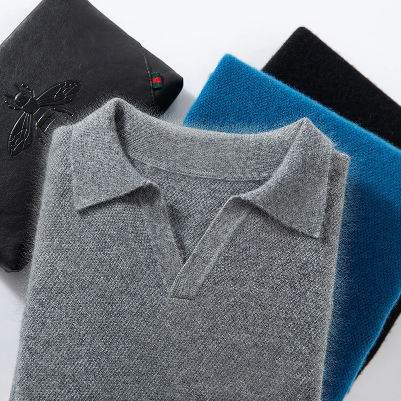 

Мужской свитер с воротником-поло из 100% чистого кашемира, отложной воротник, свободный трикотаж, пуловер с воротником «Чайка», мужская одежда