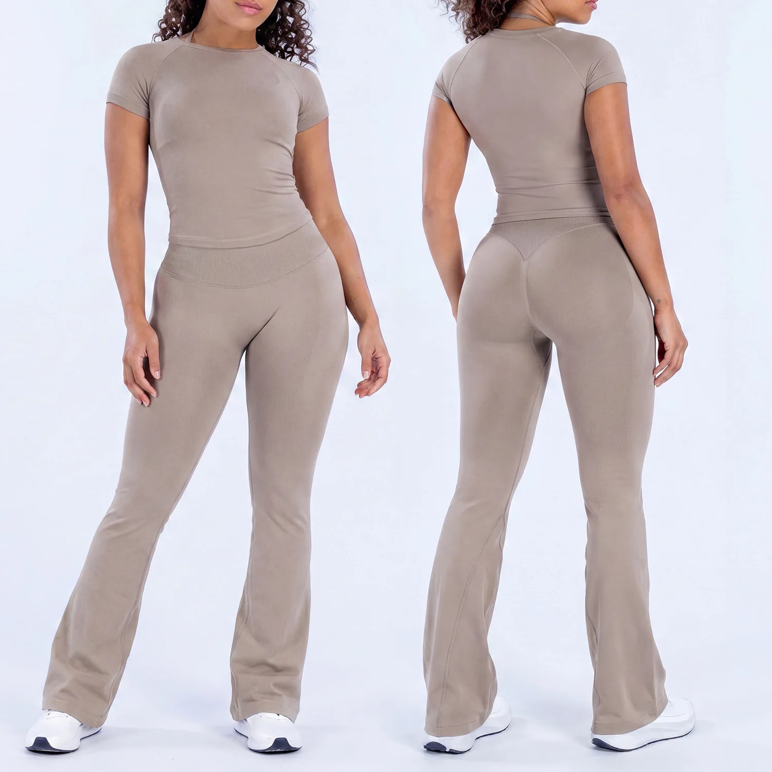 2Pieces Flare Leggings Set Short Sleeve Top Seamless Yoga Flared Pants Set Quick Dry Gym Clothes Workout Set Outfits Sports Suit