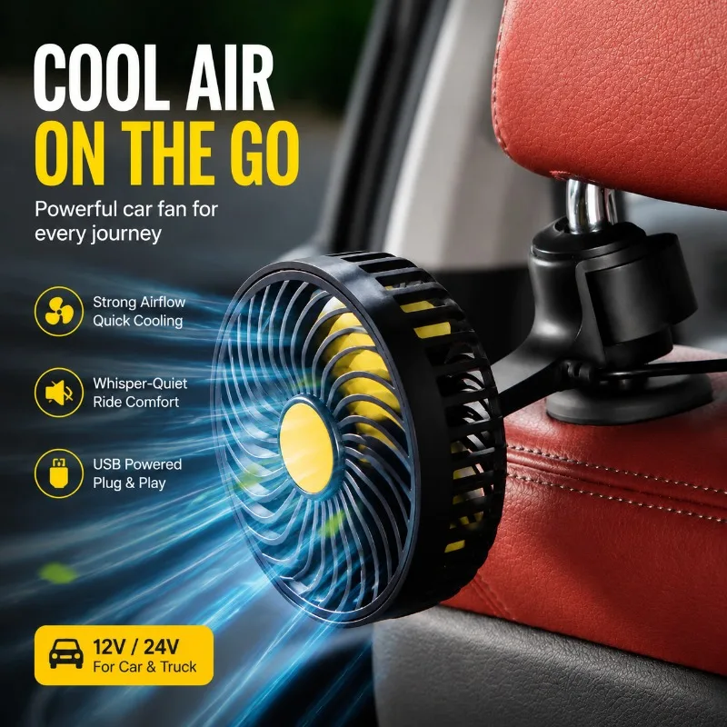USB 12V 24V Car Rear Seat Cooling Fan Large Airflow Mini Circulator for Truck Van Lorry Back Row Heat Dissipation 360 Adjustable