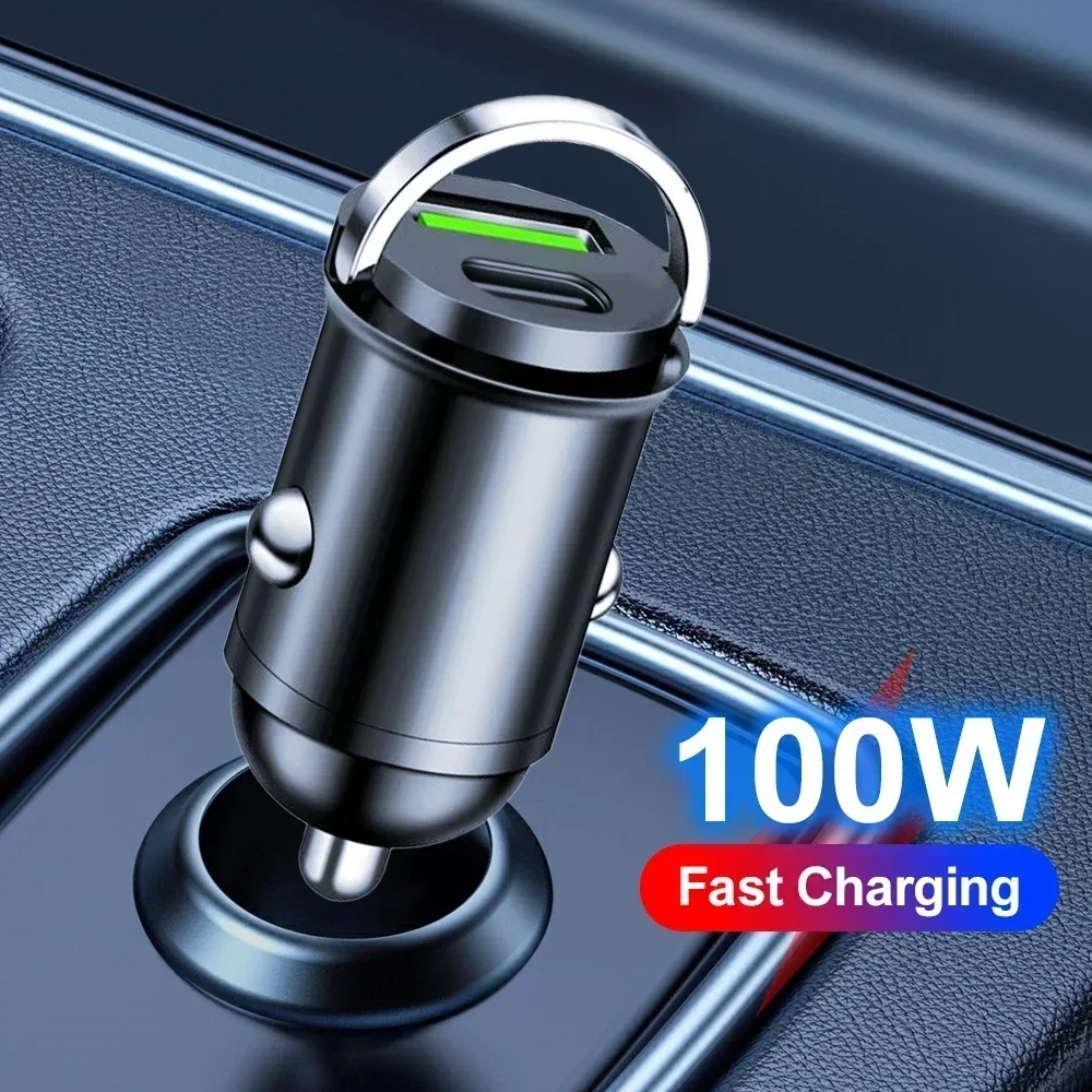 Mini Car Charger Lighter Fast Charging 100w Pd Usb Type C Dual Ports Invisible Metal Charger For Xiaomi Samsung Huawei