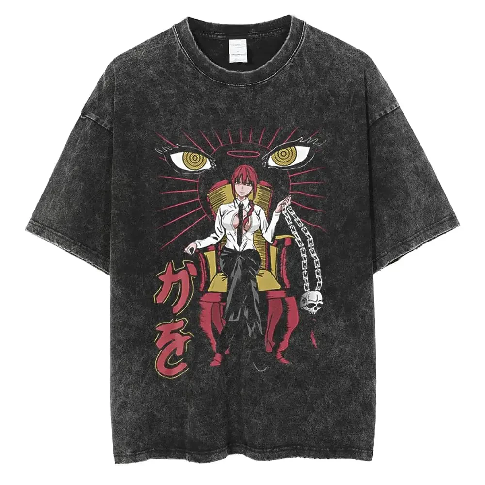Chainsaw Man Denji White Metal Graphic T Shirt 2026 Summer Washed Black Unisex Loose Fit Short Sleeve Streetwear Anime Tee view 3