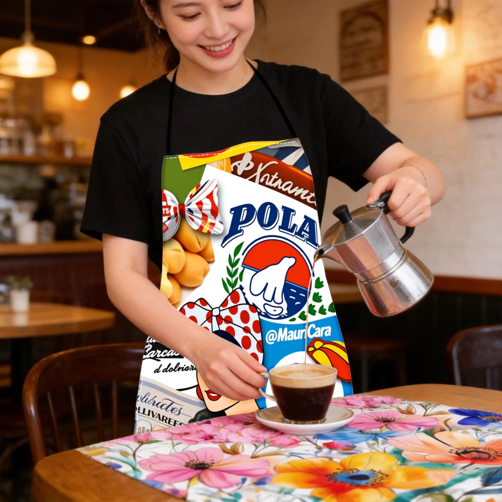 1pc Fashion Apron Colorful Vintage Food Brand Print Kitchen Cooking Baking Barbecue Party Wearable Apron For Home Use Outdoor