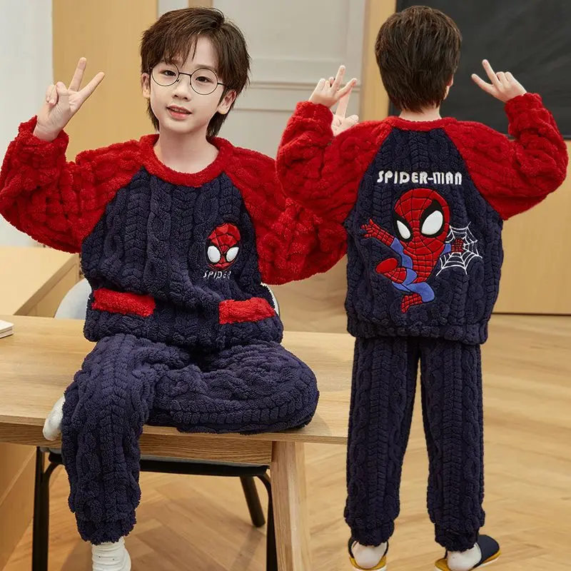 New Cartoon Children's Handsome Spider-Man Boy Thickened Pajamas Creative Anime Character Plus Velvet Warm Home Clothes Set Gift