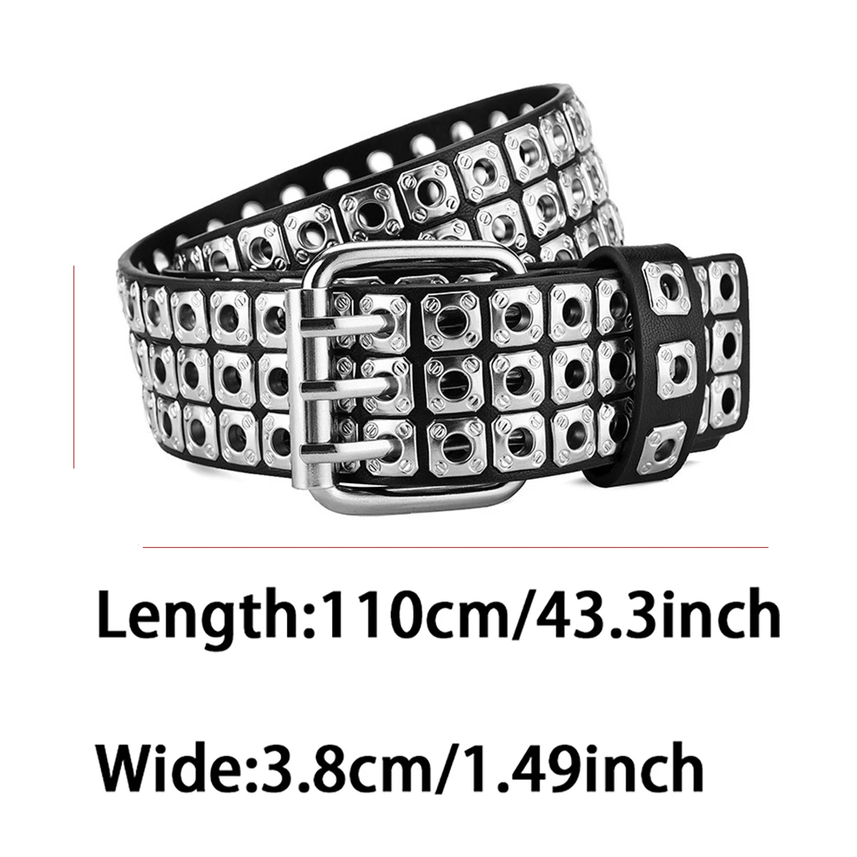 Retro Square Rivet Men\'S Belt With Double Row Needle Buckle Women\'S Belt Hip-Hop Rock Punk Y2k Style Jeans Men\'S And Women\'SBelt