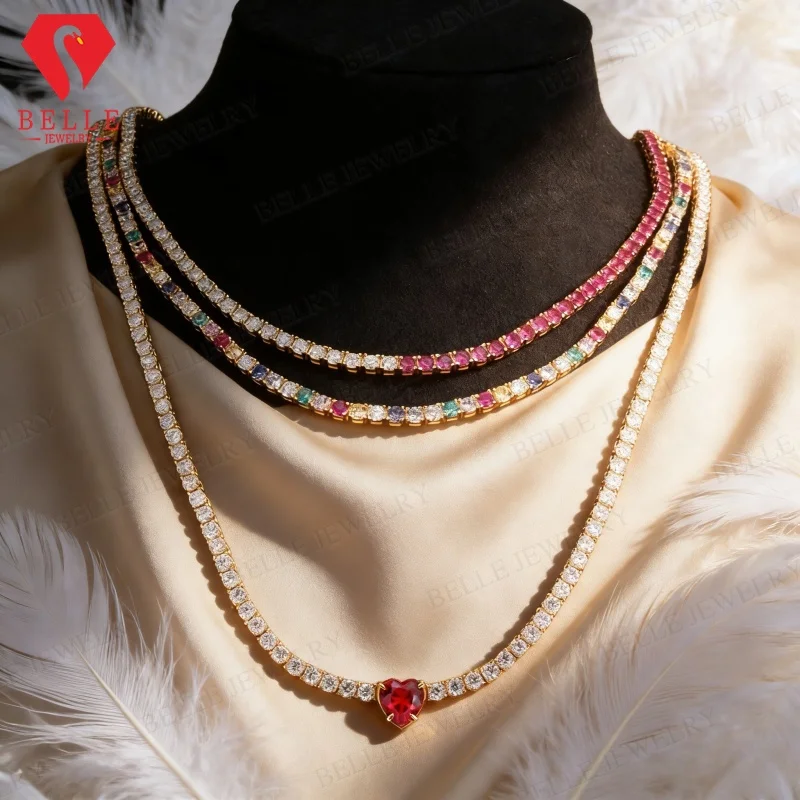 

Ожерелье-цепочка 3 мм с круглыми бриллиантами из муассанита/лабораторно выращенных драгоценных камней в форме сердца, изысканные ювелирные украшения для женщин, подарок на годовщину, День святого Валентина