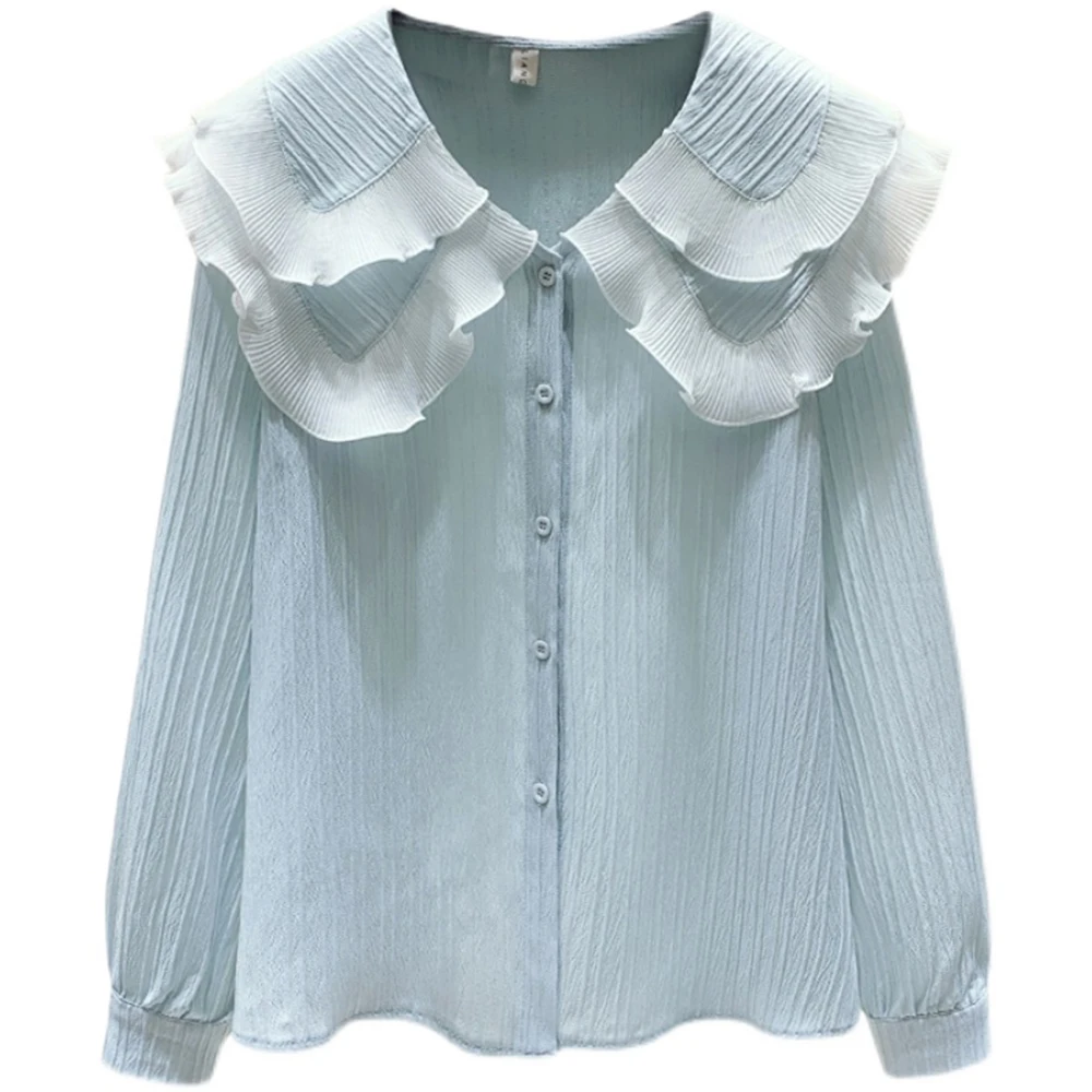 Luxury Brand Big Peter Pan Collar Ruffle Womens Blouse Long Sleeve Cotton Casual Tops Femme 2022 Spring Summer Frill Shirt