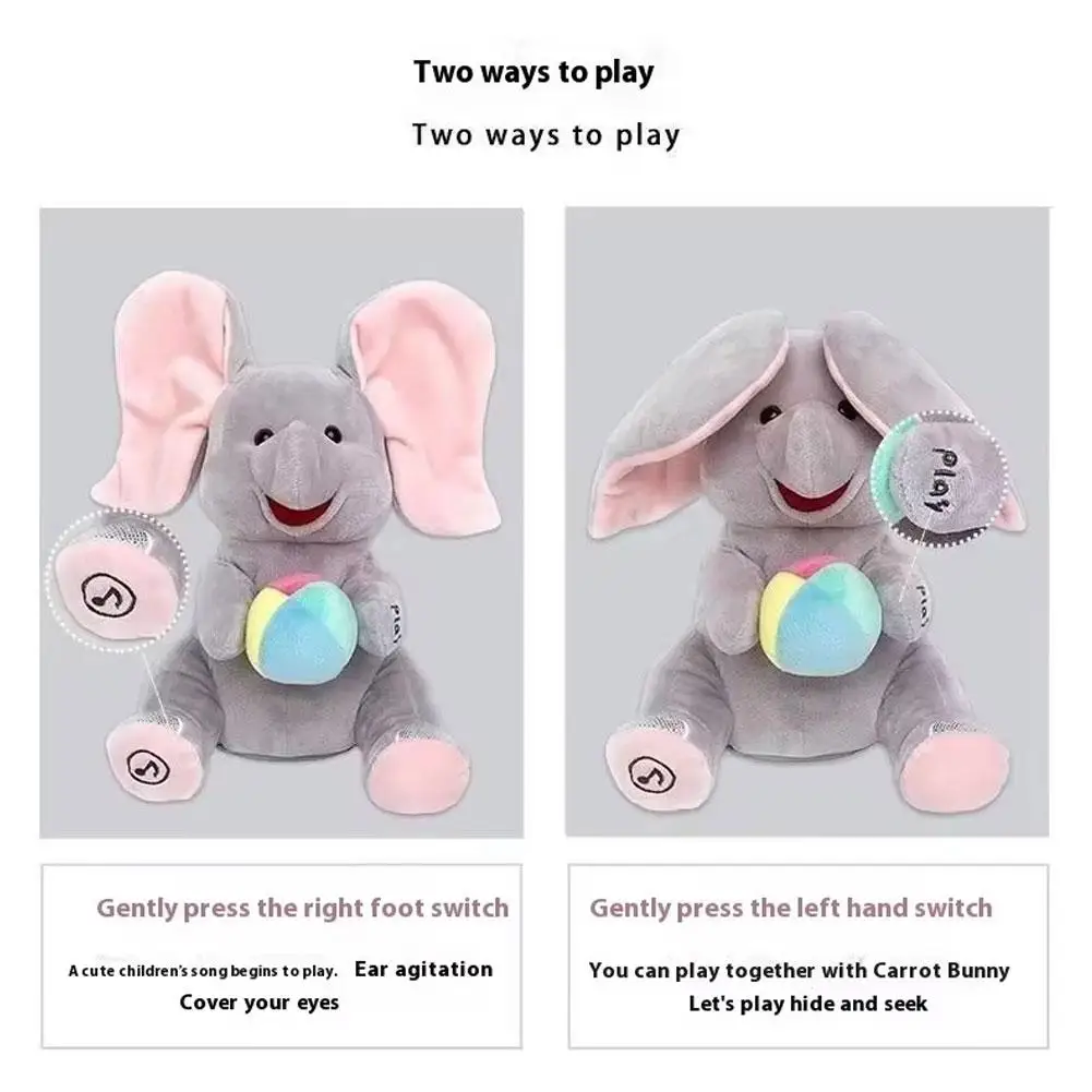 Brinquedo de pelúcia de elefante Peekaboo, brinquedo sensorial de bebê com orelhas felpudas com música, brinquedo de aprendizagem educacional macio