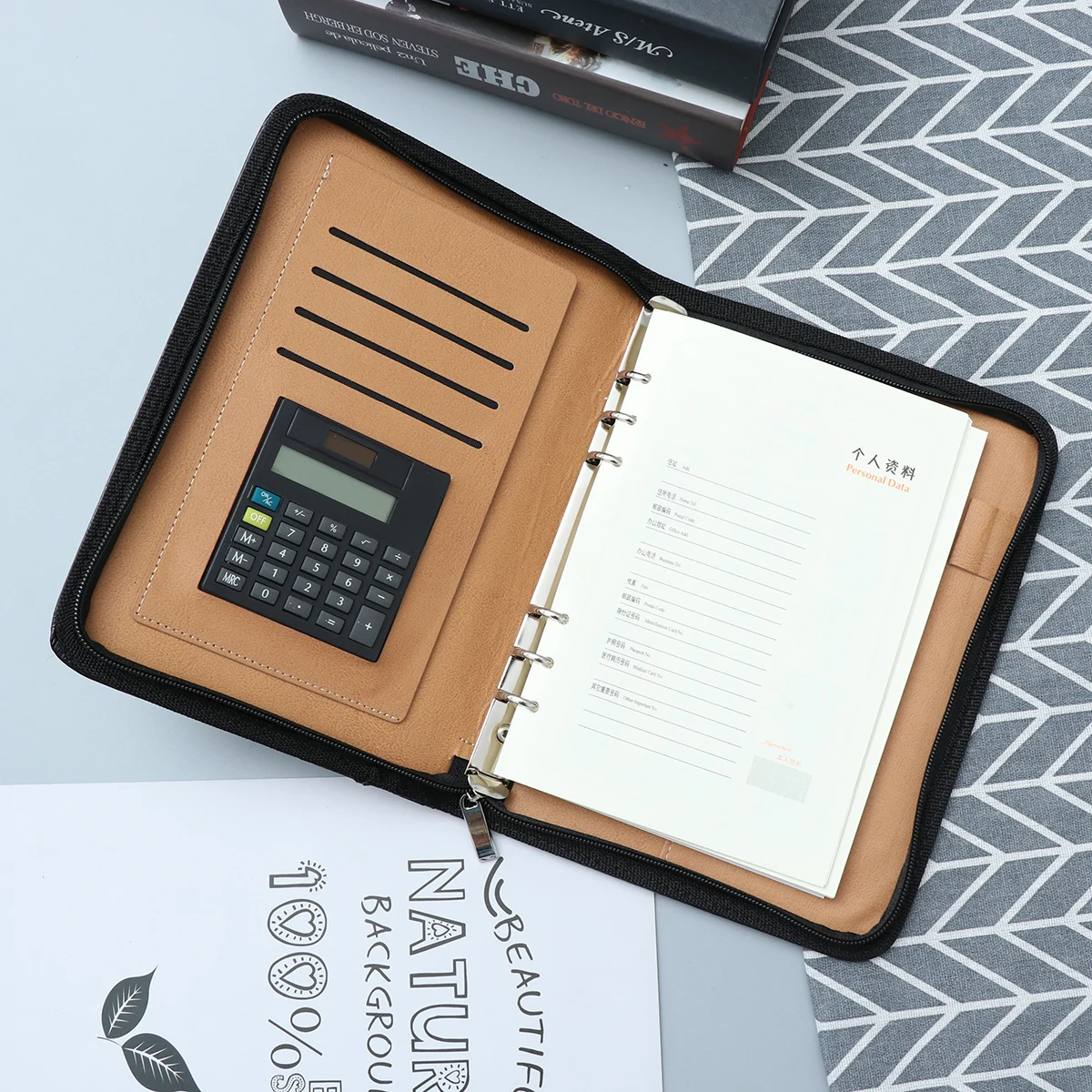 Calculator Notebook A6 Zipper Organizer Faux Business Travel Agenda Manager With Pen Loop Card Pockets