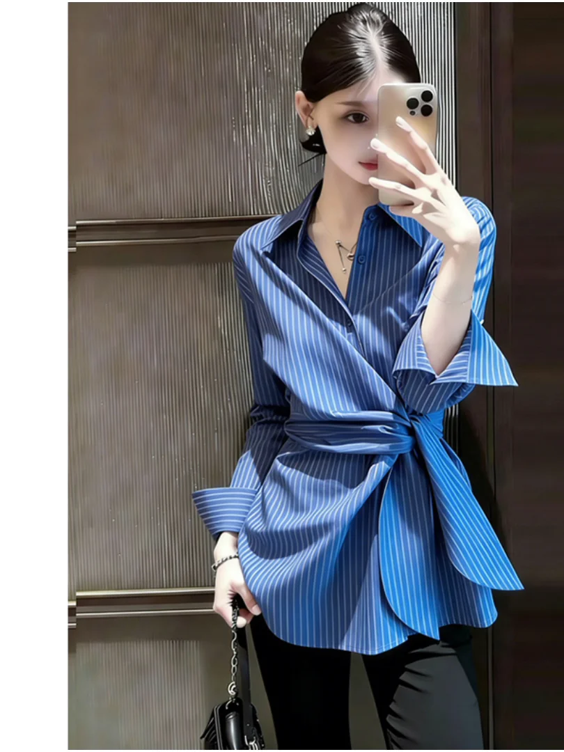 Chic Blue Striped Shirt Women's Belted Design Sensation White Commute Top Spring 2026 Unique Fashionable Turn-down Collar