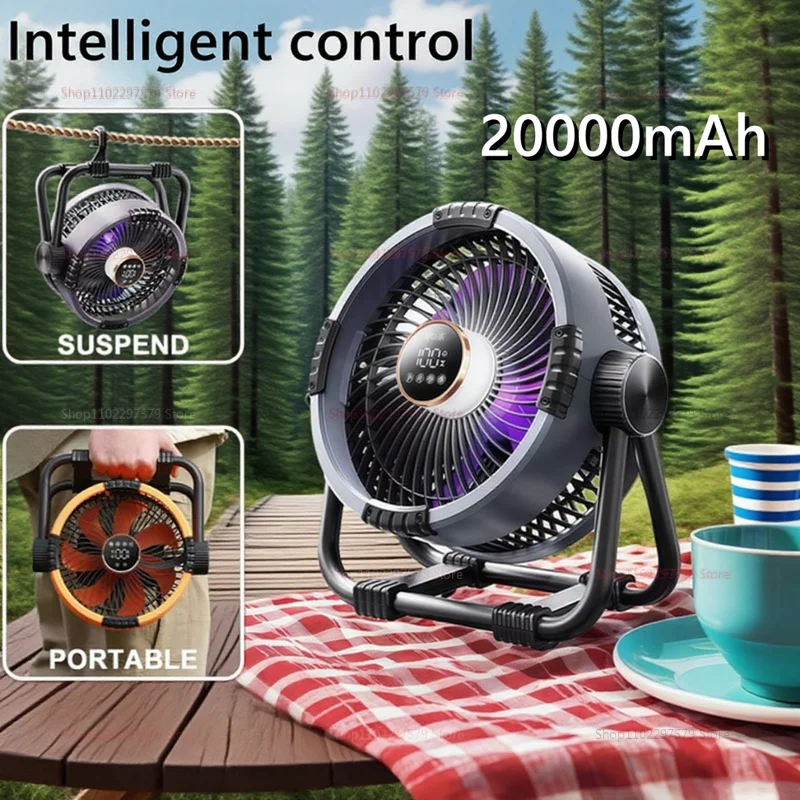 

2025 NEW Upgraded 6-in-1 camping fan portable outdoor fan with 20000mAh rechargeable battery 4-speed air circulator LED hook