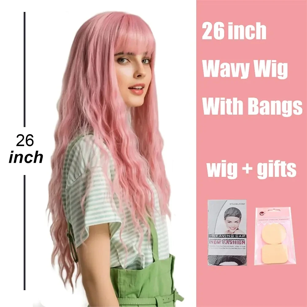 Pink Wig with Bangs Long Wavy Wigs for Women Soft Women's Curly Synthetic Wig Replacement Halloween Costumes Cosplay Party Wigs