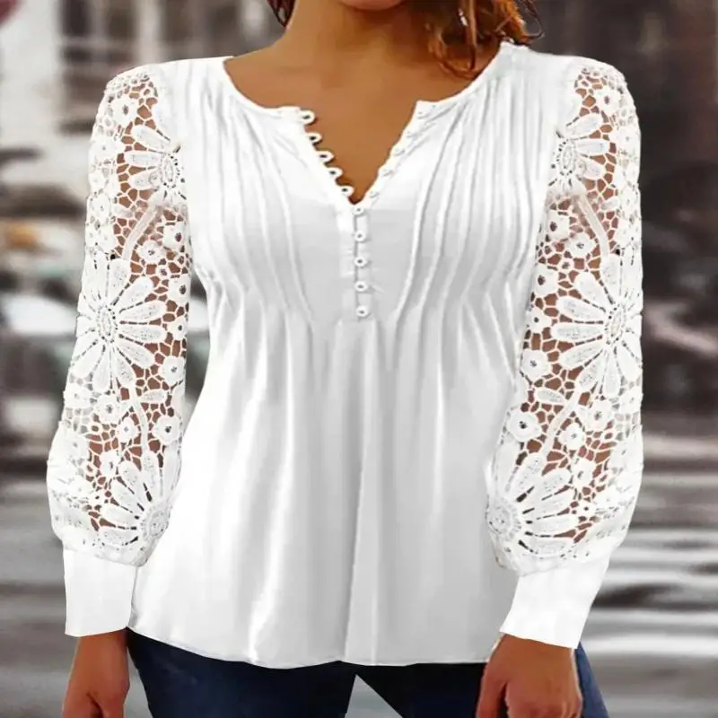 

Plus Size Women Long Sleeve V-neck Floral Lace Top