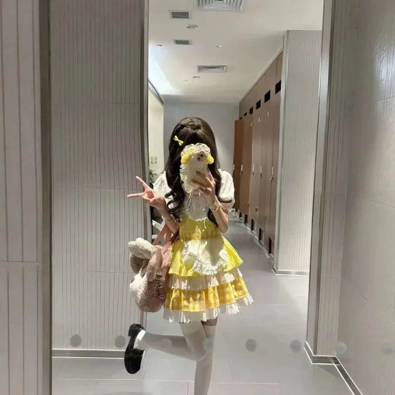 Japonês original lolita amarelo xadrez flor casamento elegância diária temperamento filhote de cachorro impressão camadas suspender vestido para mulher