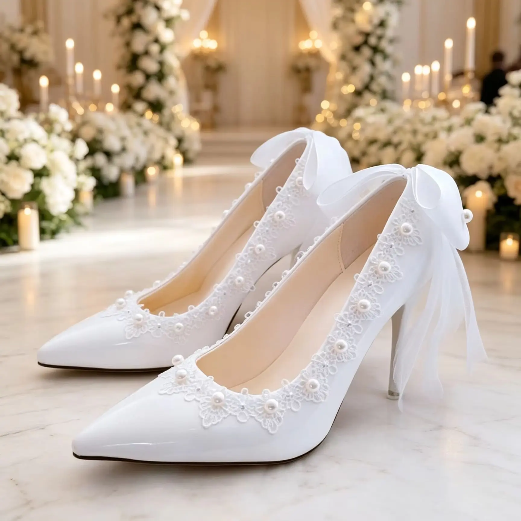 Spring new pointed shallow mouth patent leather pearl flower ribbon wedding shoes banquet dress versatile high heels women shoes