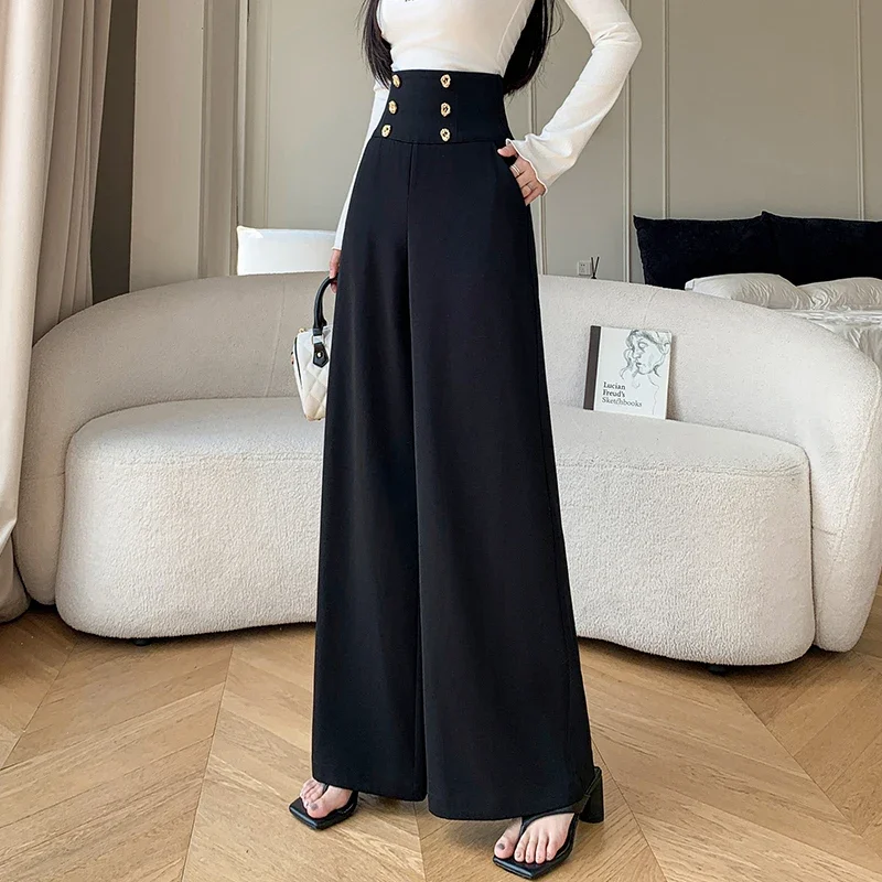 Women Spring Summer New Elegant double-breasted High Waist Wide Leg Pants Female Fashion Casual Full Length Office Lady Trousers