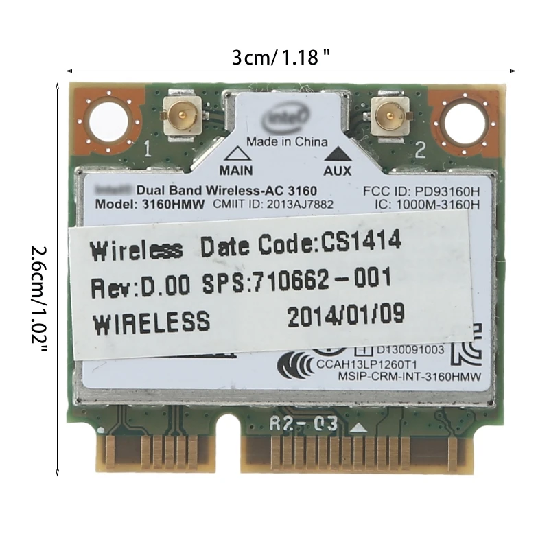 Двухдиапазонная сетевая карта Wireless-AC 3160 3160HMW, 2 BT 4,0 Mini PCI-e LAN Card, поддержка 802.11a 433 Мбит/с