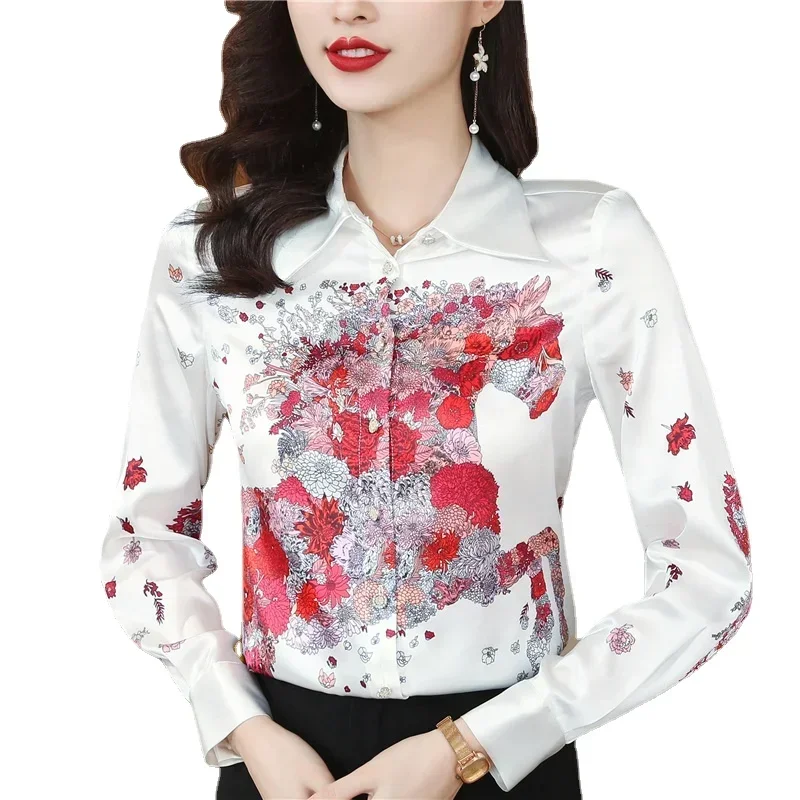 Satin Long Sleeve Shirt Women 2024 New Summer Printing Korean Fashion Loose Comfortable Single-breasted Lapel Blouse