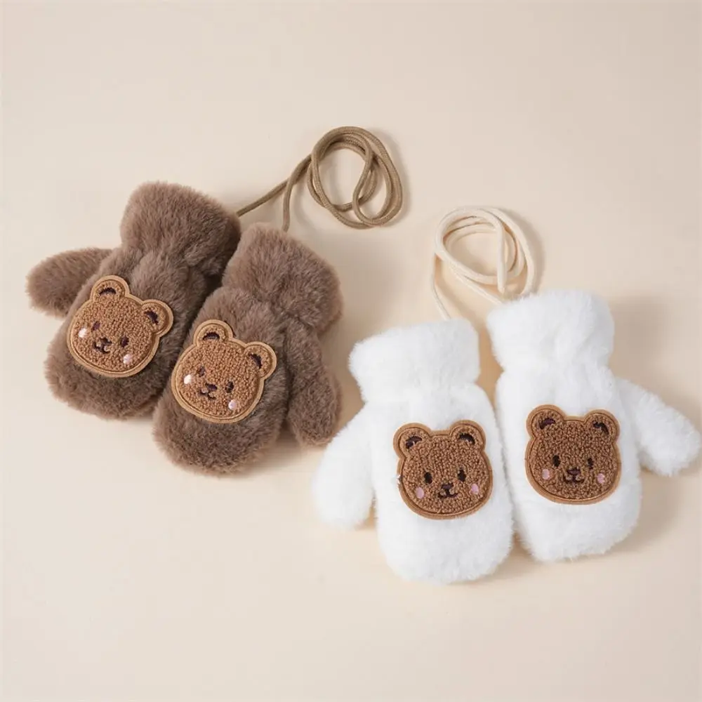 

Cute Cartoon Bear Baby Gloves Keep Warm Thicken Children's Warm Gloves with Neck Lanyard Coldproof Lambswool Gloves Winter