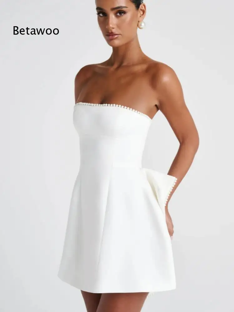 Structured Fabric Strapless Mini Dress Pearl Beaded Tube Neck Big Bow Back Flared A Line Short Bridal Outfit