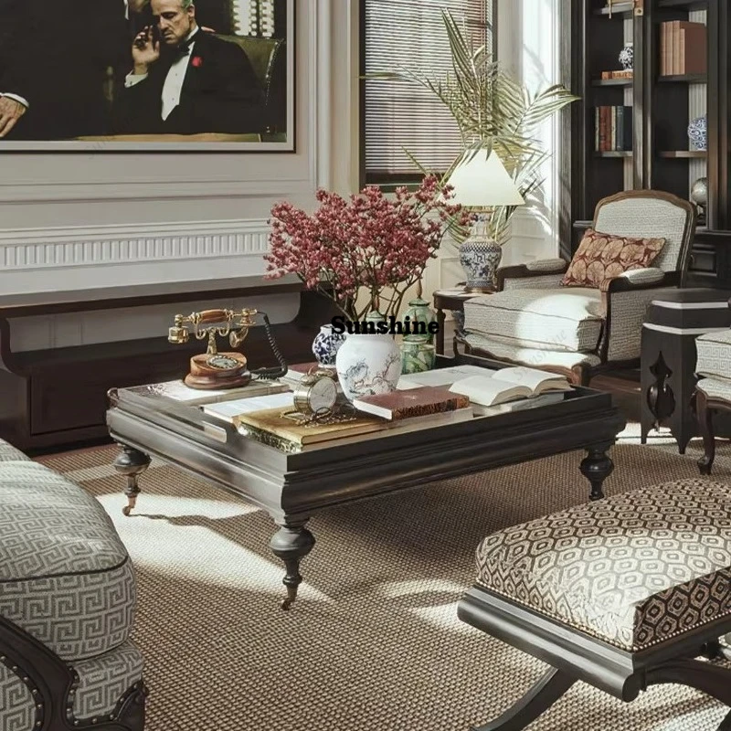 

Retro French ash wood pure solid wood coffee table living room home tea table multi-functional tea table