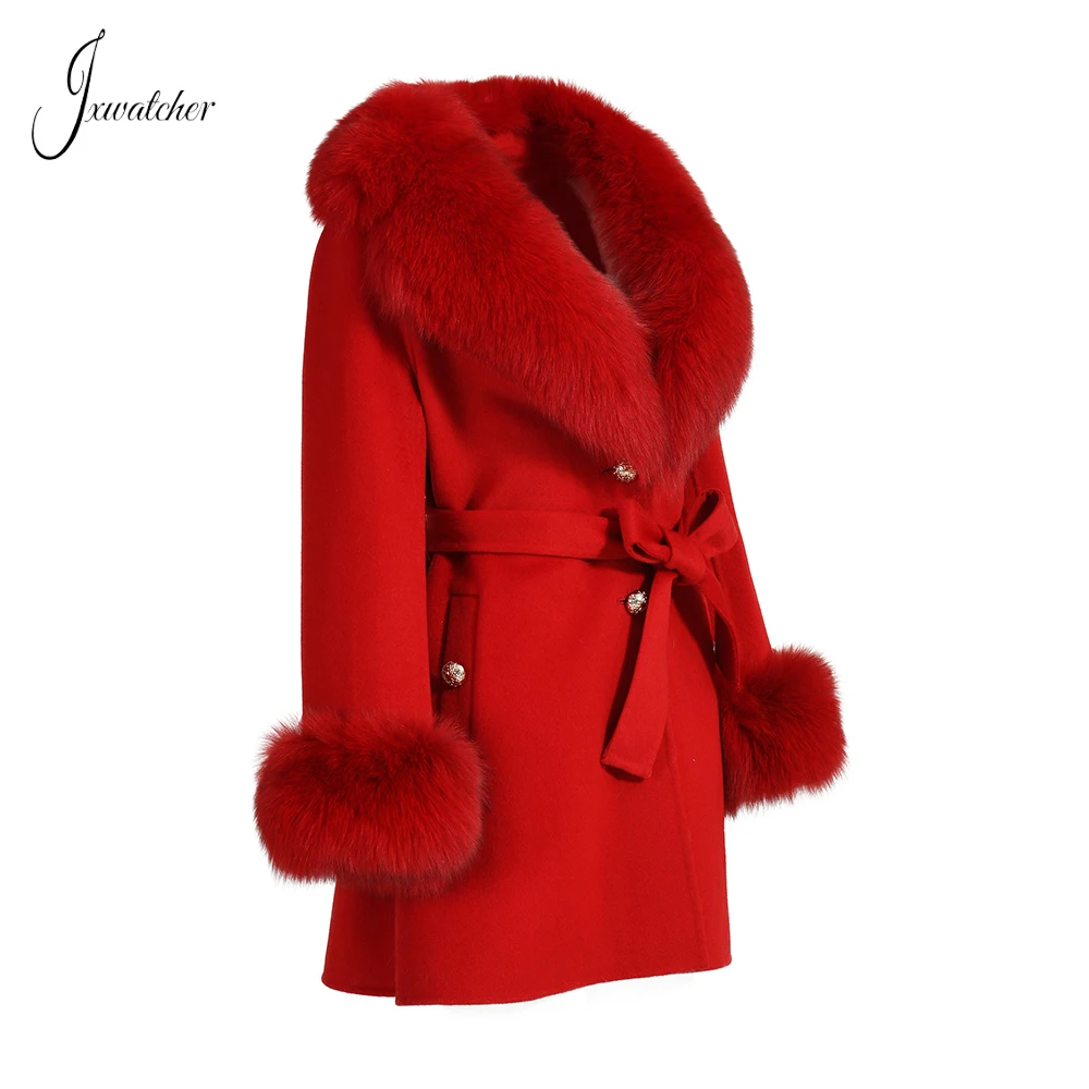 Jxwatcher Wool & Blends Coat For Women Real Fox Fur Collar Cuffs Autumn Winter Fashion Ladies Cashmere Jacket Luxury Coat Female