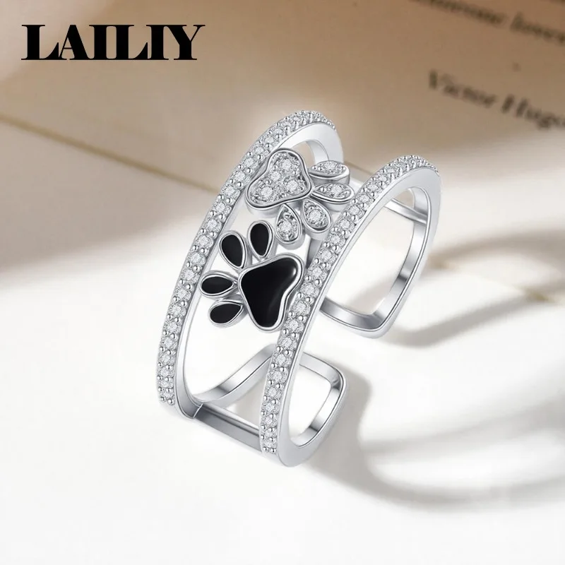 LAILIY 925 Sterling Silver and 18K Gold Gift with Diamond set Cute Pet Paw Print Adjustable Ring for Men Women Fashion Jewelry