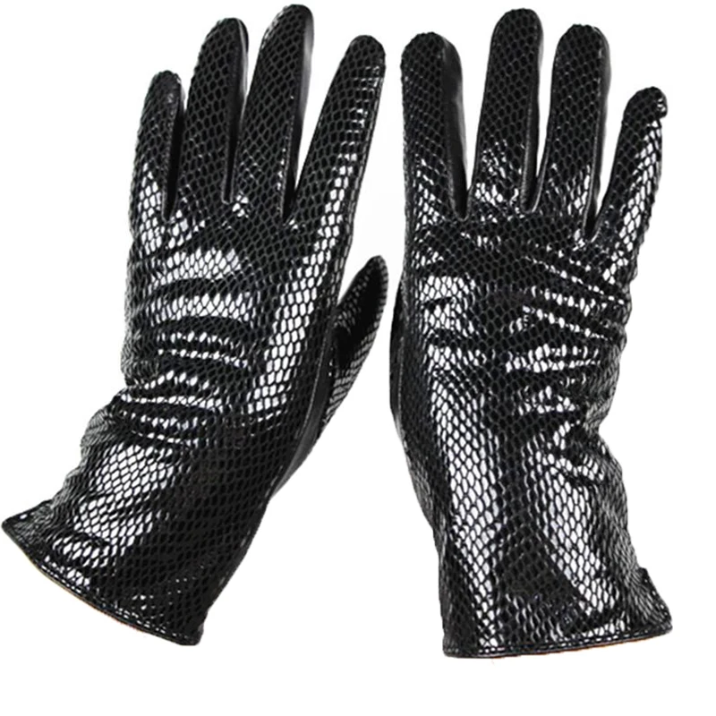 New Snake Print Leather Sheepskin Gloves Women\'s Fashion High Gloss Velvet Lining Autumn and Winter Warm Driving Gloves