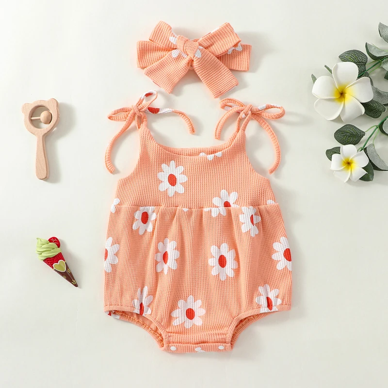 2023-03-07 Lioraitiin 0-18M Toddler Baby Girl Jumpsuit Set Summer Floral Print Bandage Sleeveless Rompers Stretch Headband