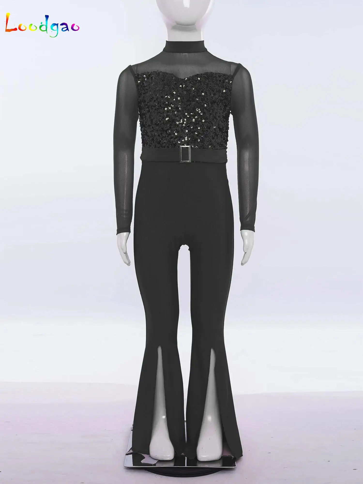 

Kids Girls Dancewear Sequins Bell-bottom Hippie Bell-Bottom Jumpsuit Halloween Theme Party Vintage 70S Disco Dress Up Costumes