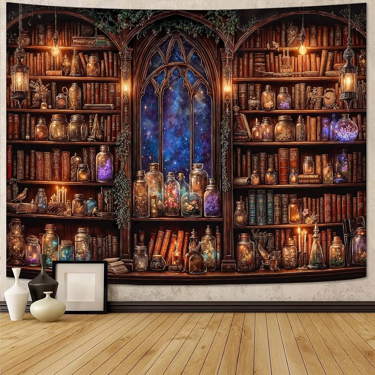 Fantasy Bookshelf Tapestry Medieval Fairy Plant Potion Library Wall Tapestry for Bedroom Aesthetic Art Vintage Starry Sky Book